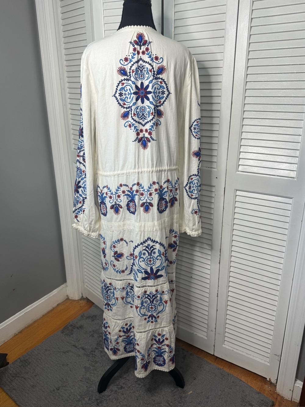 Farm Rio Linen Blend Embroidered Midi White Navy Boho Peasant Artsy Dress XL - Picture 2 of 16